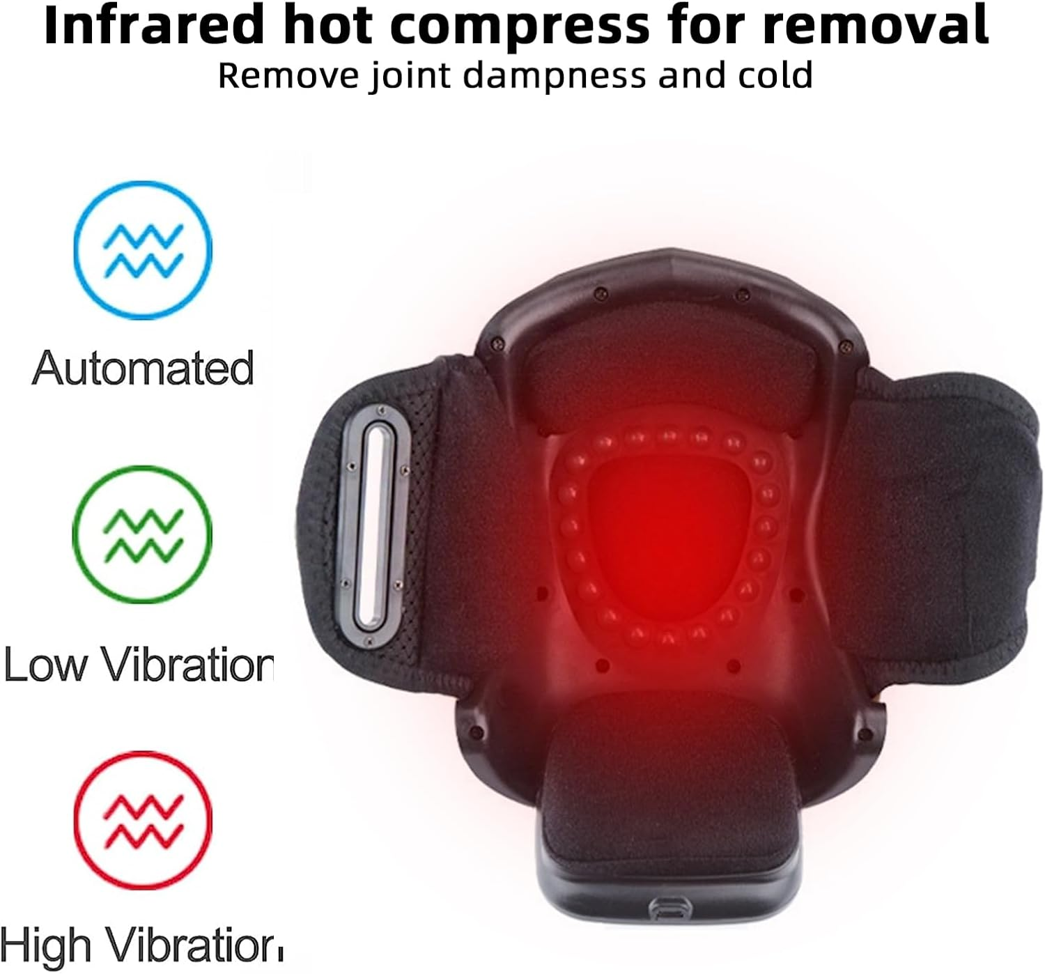 Ein Infrarot-Heißkompressionsgerät mit roter Mitte und schwarzen Pads. Symbole zeigen automatische, niedrige und hohe Vibrationsmodi an.
