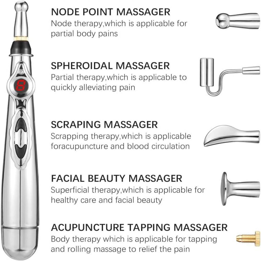 Das Bild zeigt ein silbernes Massagegerät mit Beschreibungen verschiedener Massageköpfe und deren Verwendung für die Körpertherapie.