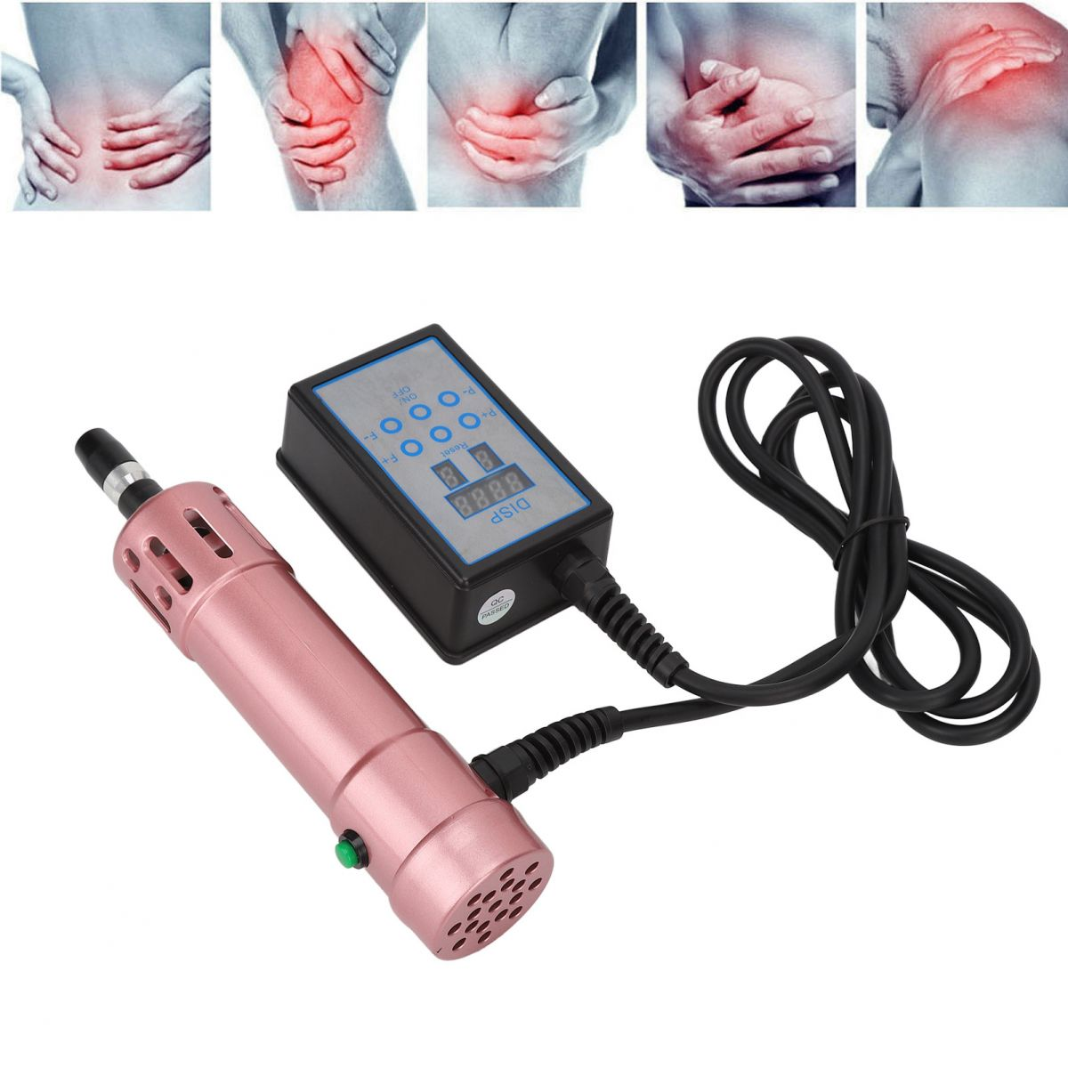 Ein rosafarbenes Massagegerät mit Steuerbox und Kabel liegt auf weißem Untergrund. Oben schmerzende Körperteile.