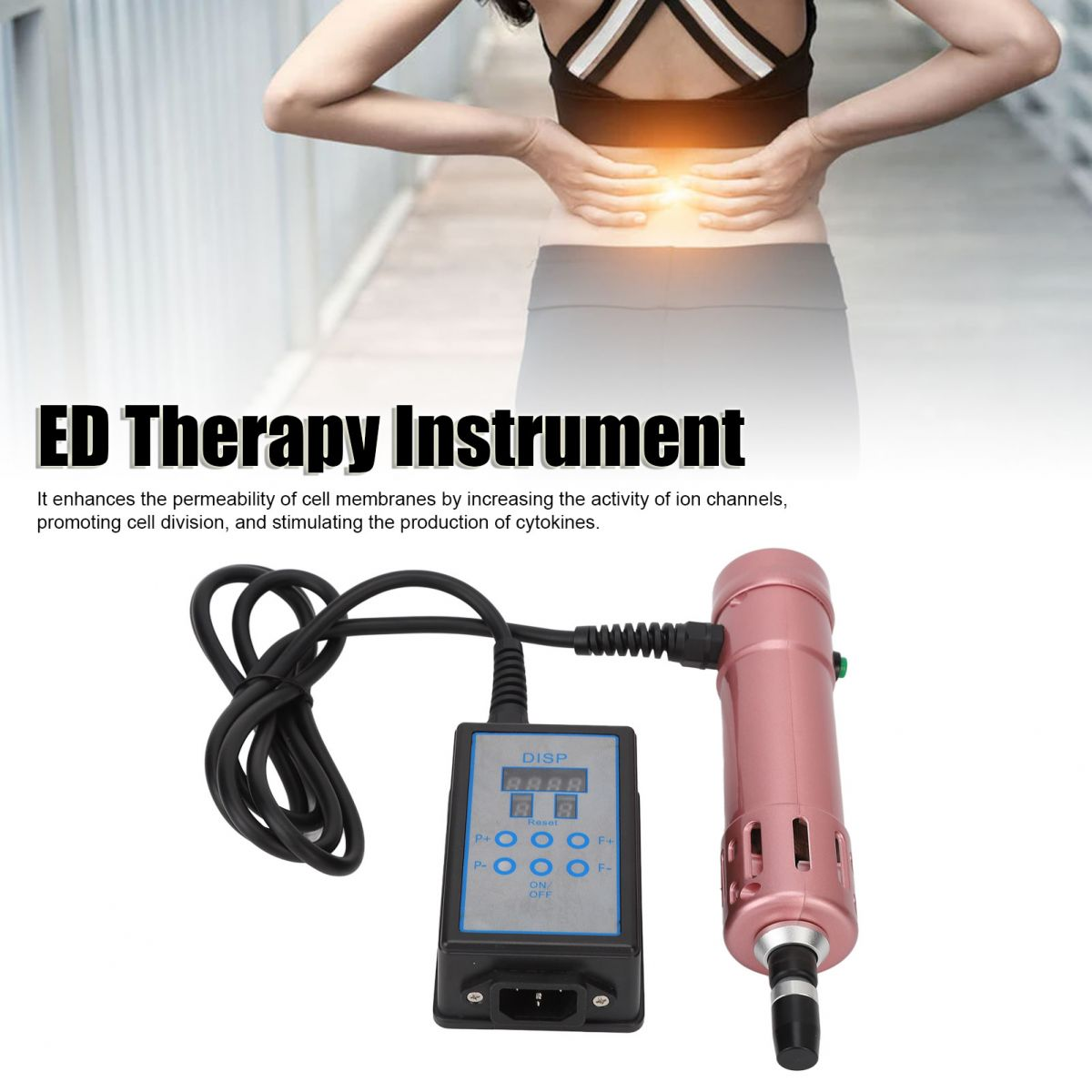 Eine Frau hält sich den Rücken, in der Nähe eines ED-Therapiegeräts. Das Gerät hat einen rosa Griff, eine Steuerbox und ein schwarzes Kabel.