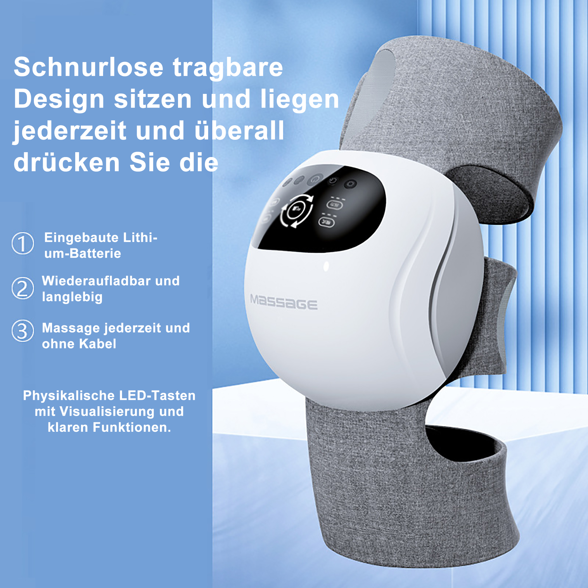 Ein weißes Massagegerät mit grauer Stoffstütze. Es hat ein Bedienfeld und ist mit „MASSAGE“ beschriftet.