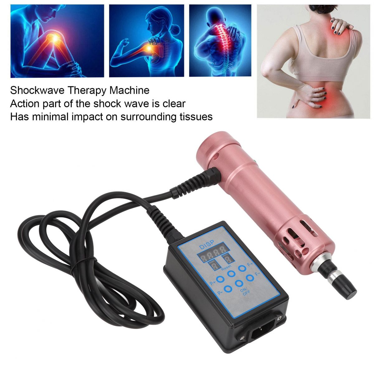 Ein Stoßwellentherapiegerät mit rosa Griff und digitalem Bedienfeld. Bilder zeigen Schmerzbereiche: Knie, Schulter und Rücken.