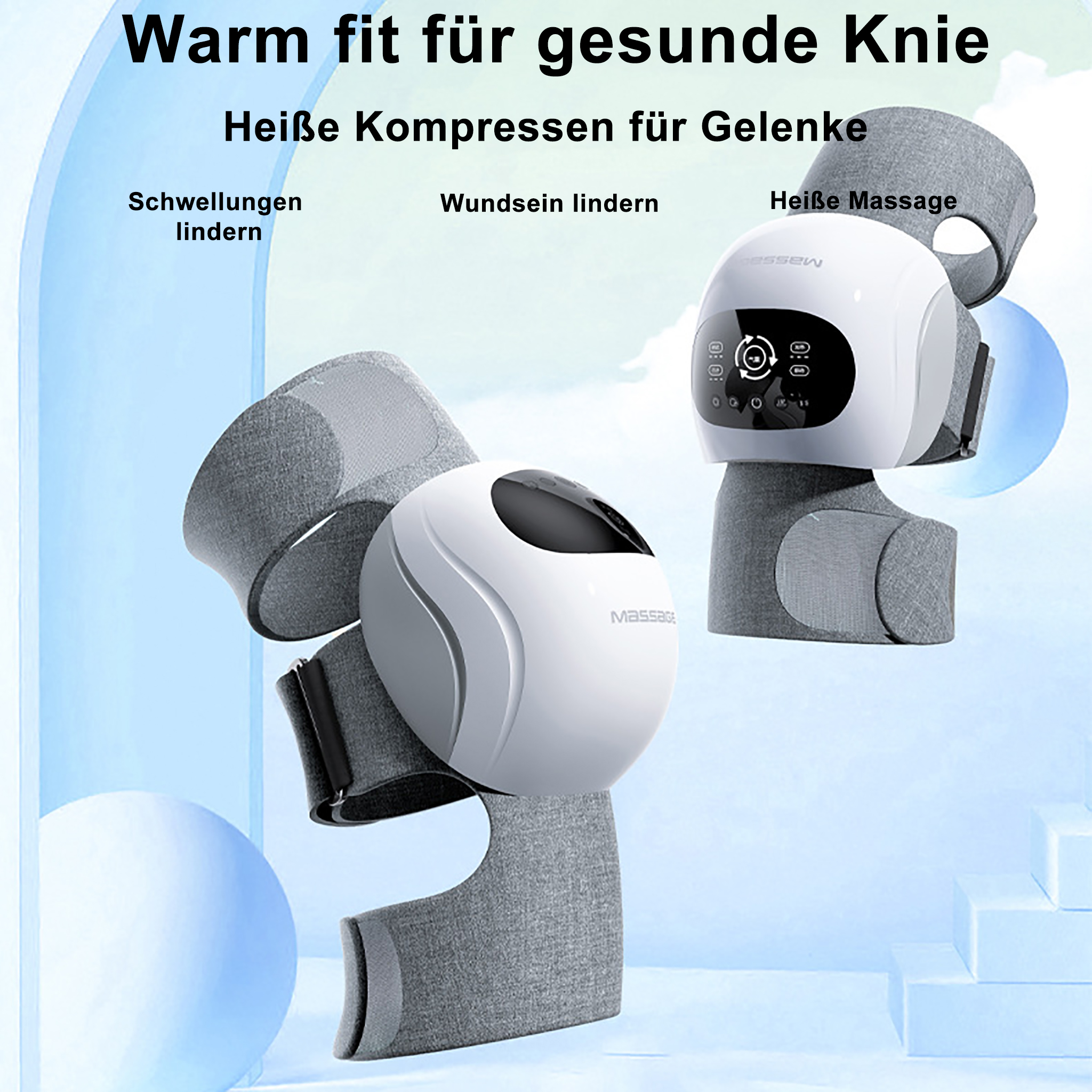 Das Bild zeigt Knie-Massagegeräte. Text enthält 'Warm fit', 'Heiße Kompressen' und Funktionen: Schwellung, Schmerzlinderung und Massage.