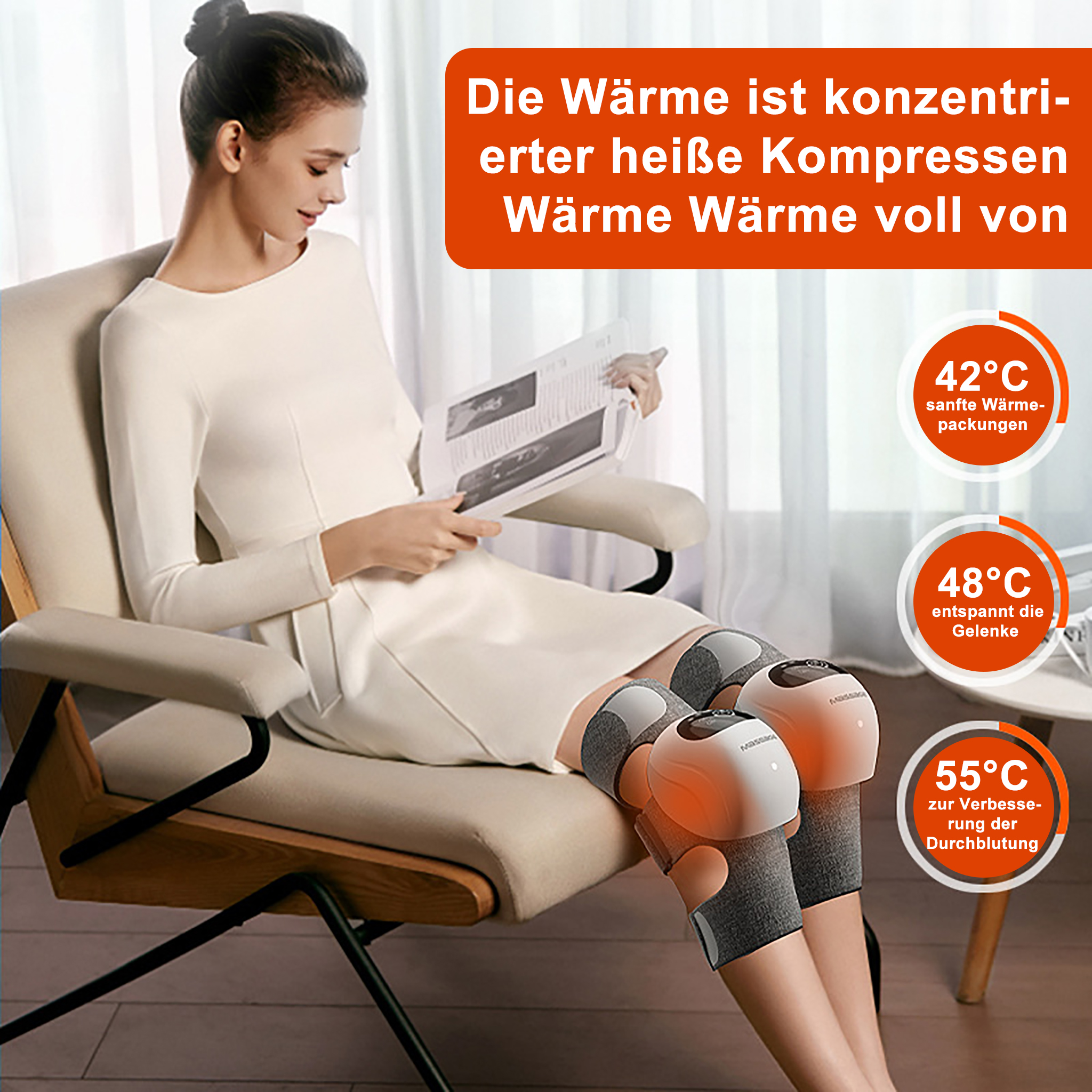 Eine Frau sitzt in einem Stuhl mit Knie-Massagegeräten und liest eine Zeitung. Text beschreibt die Vorteile von Wärme.