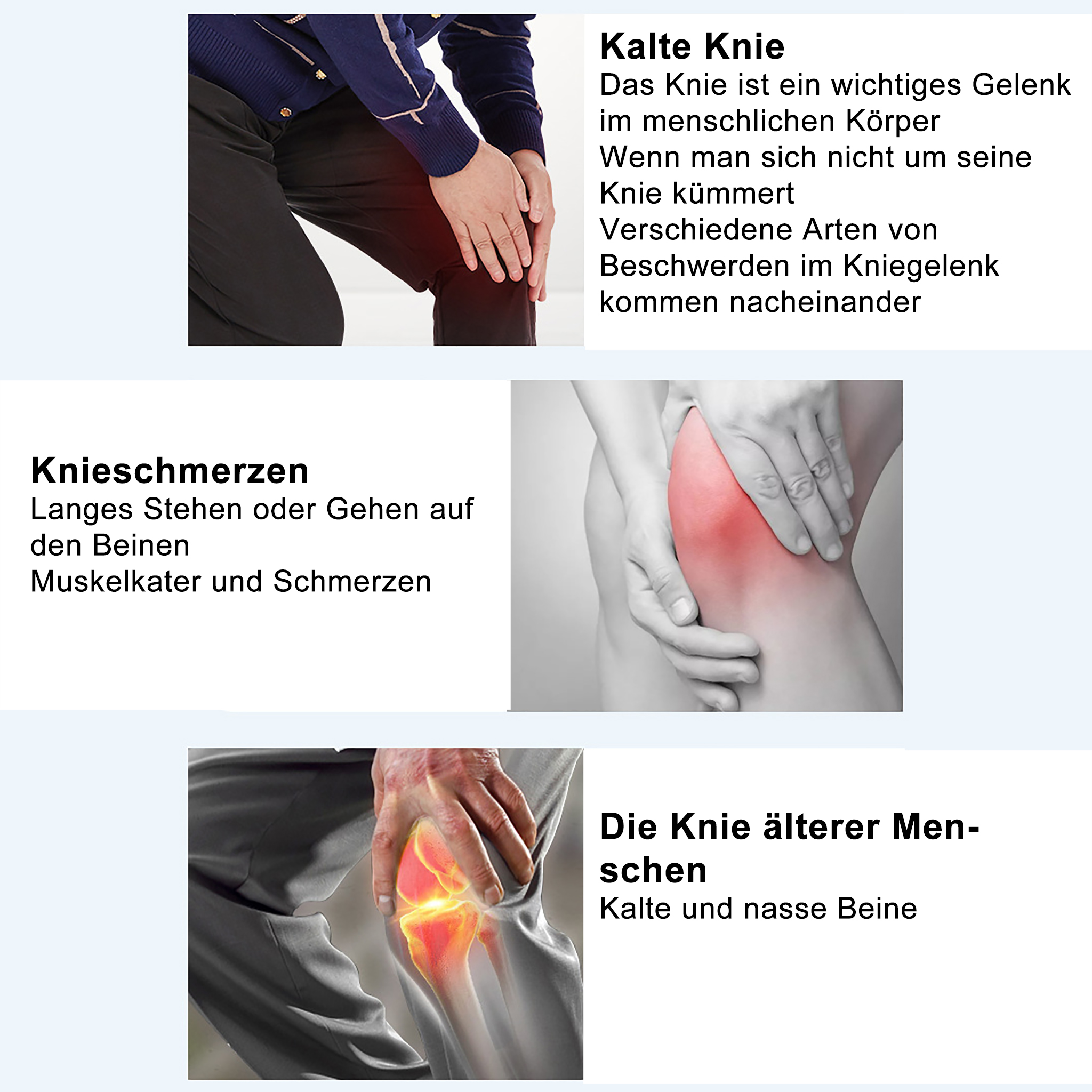 Das Bild zeigt Knieschmerzen, kalte Knie und eine Hand, die ein schmerzendes Knie hält. Deutscher Text beschreibt Knieprobleme.