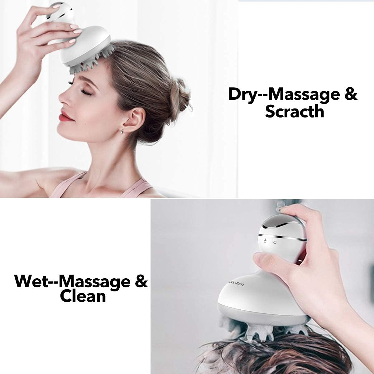 Eine Frau benutzt ein Kopfhautmassagegerät. Das Bild hat Text, der 'Trocken--Massage & Kratzen' und 'Nass--Massage & Reinigen' sagt.