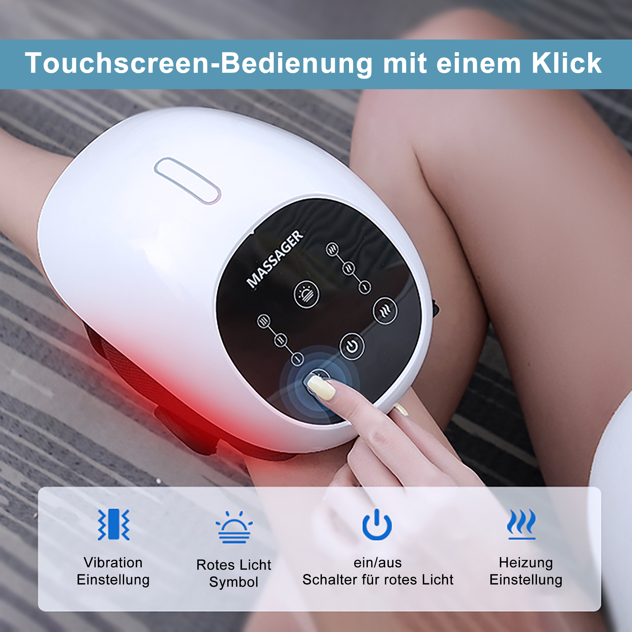 Eine Hand drückt eine Taste auf einem weißen Massagegerät. Das Gerät befindet sich auf einem Bein, mit deutschem Text.