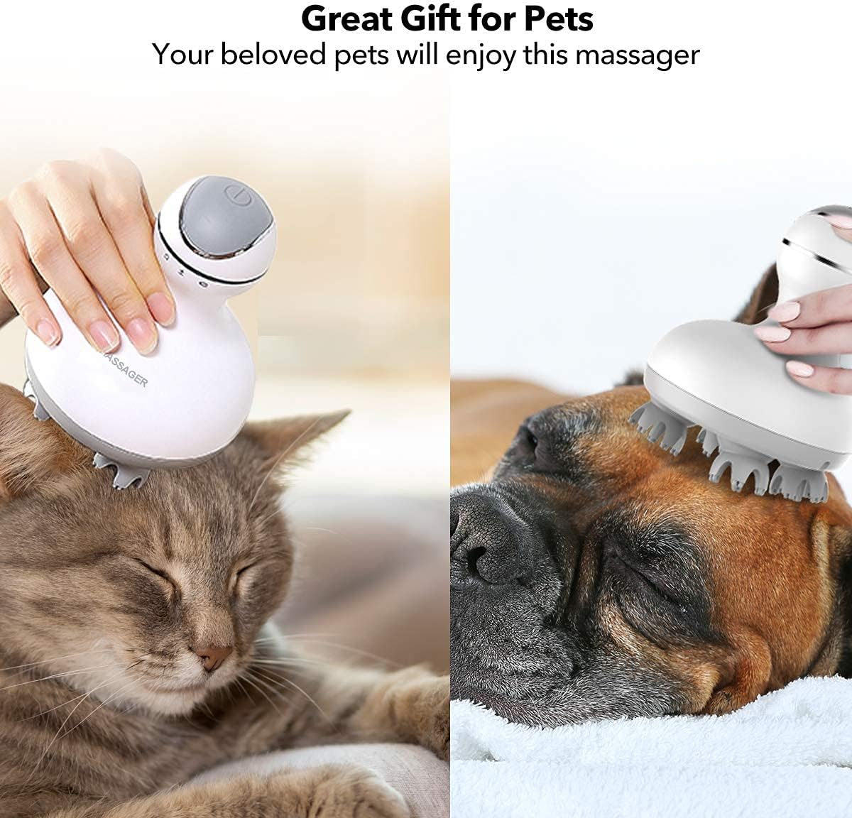 Eine Katze und ein Hund werden mit einem weißen Gerät massiert. Die Katze ist grau, der Hund braun. Der Text lautet 'Tolles Geschenk für Haustiere'.