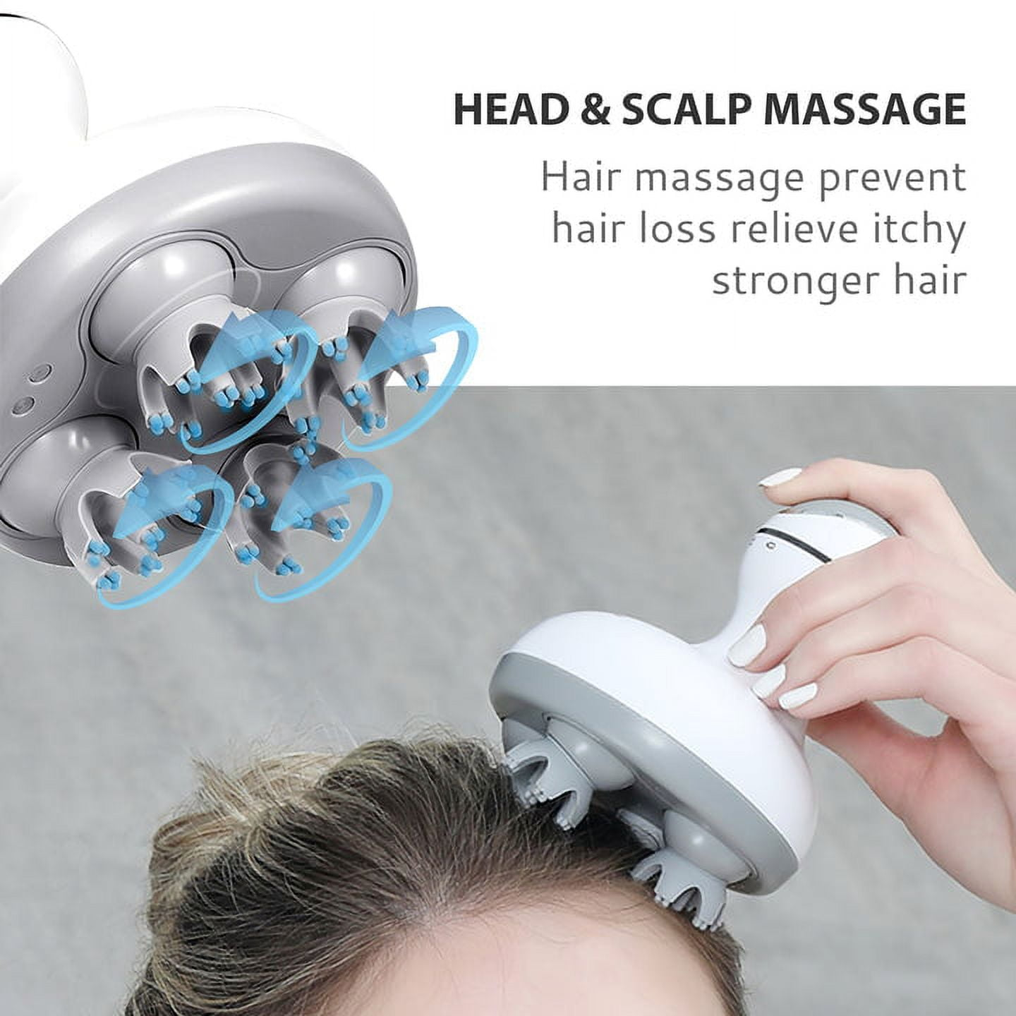 Eine Person benutzt ein weiß-graues Kopfhautmassagegerät auf dem Haar. Das Massagegerät hat rotierende Köpfe. Text lautet 'Head & Scalp Massage'.