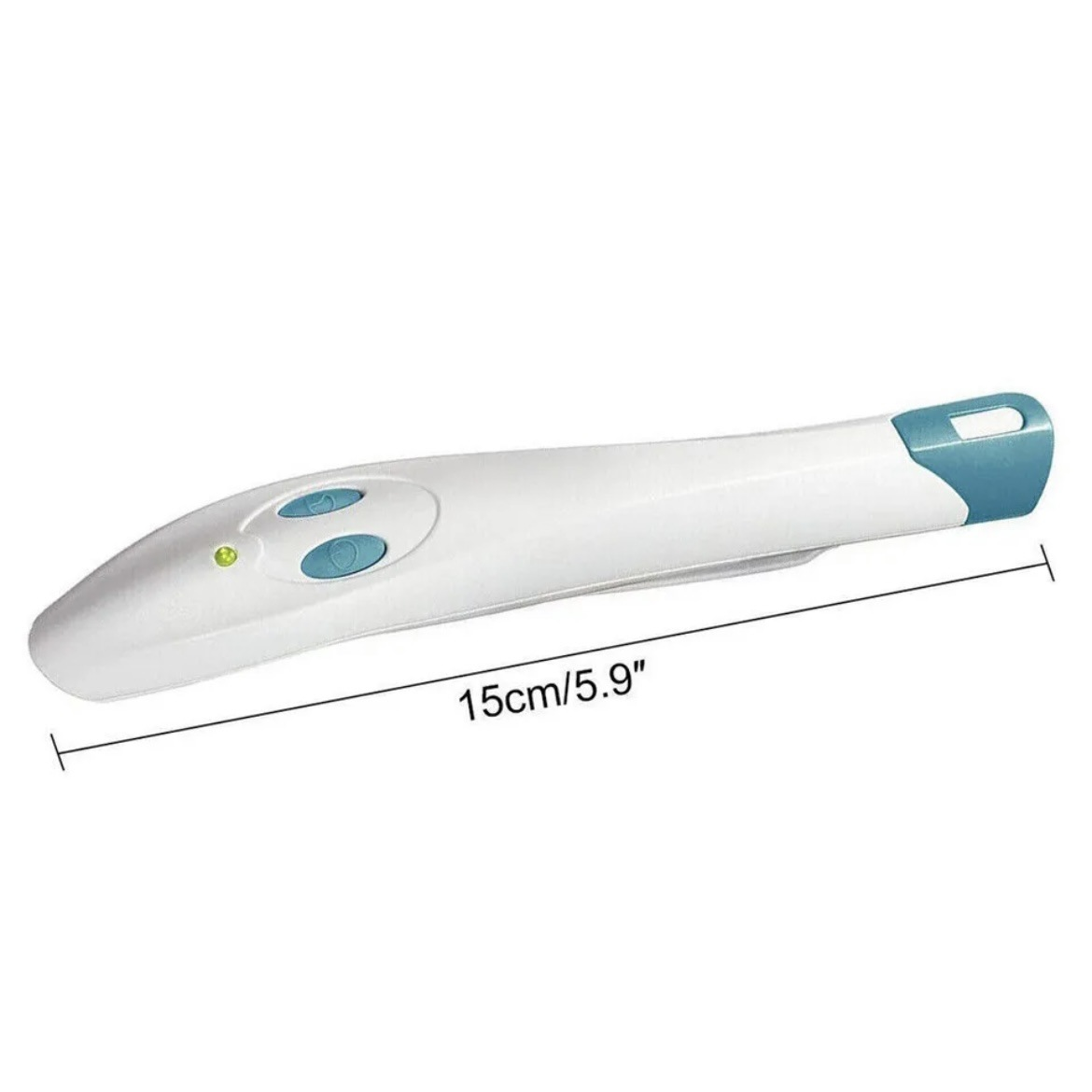 Ein weiß-blaues medizinisches Gerät, wahrscheinlich ein medizinischer Scanner, mit Knöpfen und einem grünen Licht. Es misst 15 cm/5,9 Zoll.