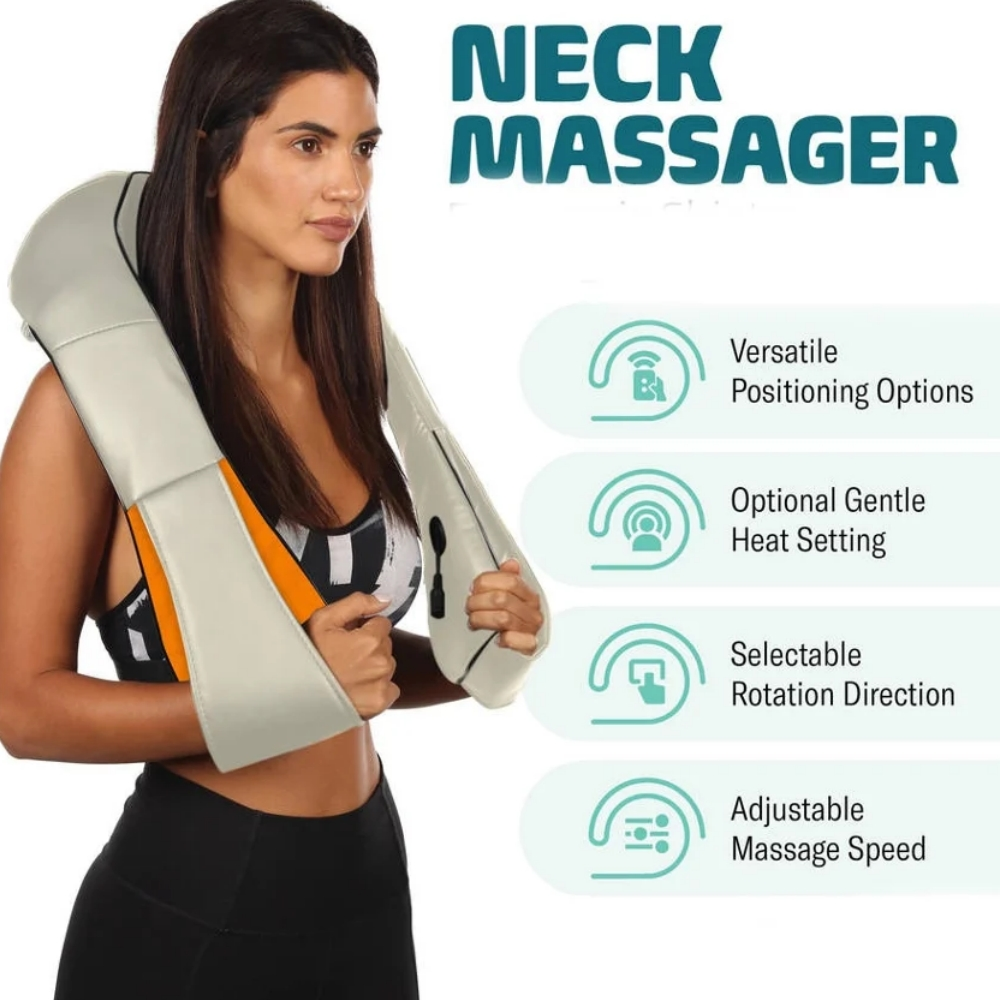 Eine Frau mit einem Nackenmassagegerät. Text: Nackenmassagegerät mit Funktionen wie vielseitiger Positionierung, Wärmeeinstellung, Rotation und Massagegeschwindigkeit.