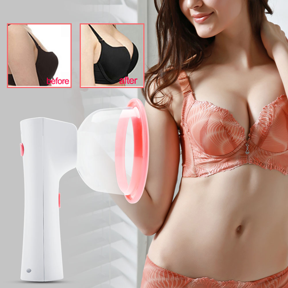 Eine Frau hält ein Gerät zur Brustvergrößerung. Es hat einen weißen Griff und eine transparente Tasse mit rosa Ring. Vorher/Nachher-Bilder werden gezeigt.