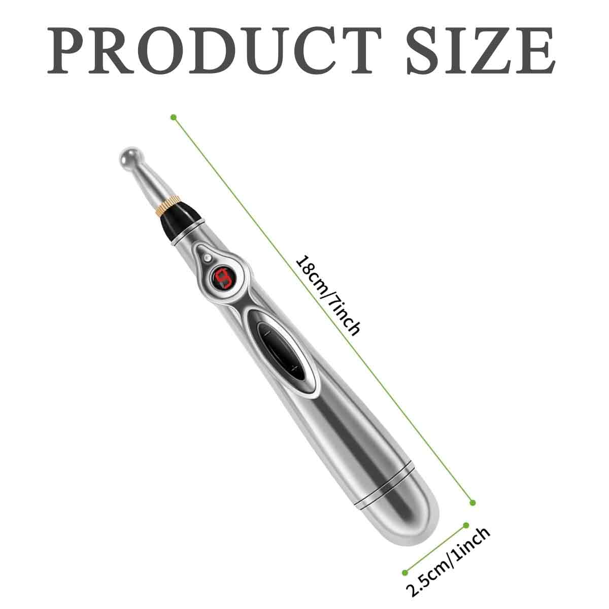 Ein silberner Akupunkturstift mit rotem Knopf, 18 cm/7 Zoll und 2,5 cm/1 Zoll. Er ist als Produktgröße gekennzeichnet.