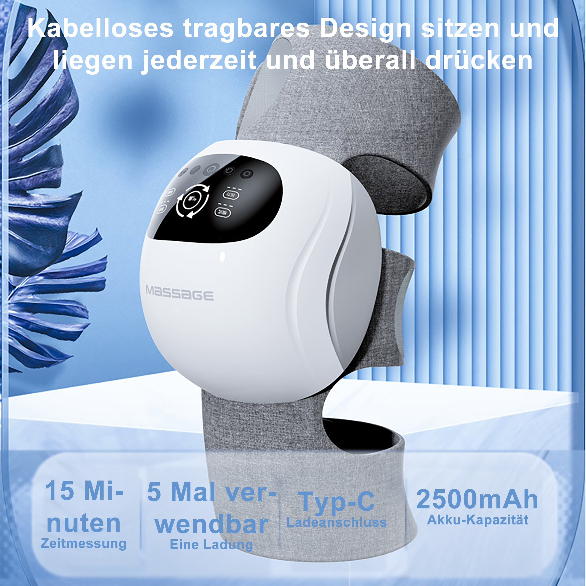 Ein weißes Massagegerät mit grauen Stützen, Text lautet: Massage, 15 Minuten, 5 Anwendungen, Typ-C und 2500mAh.