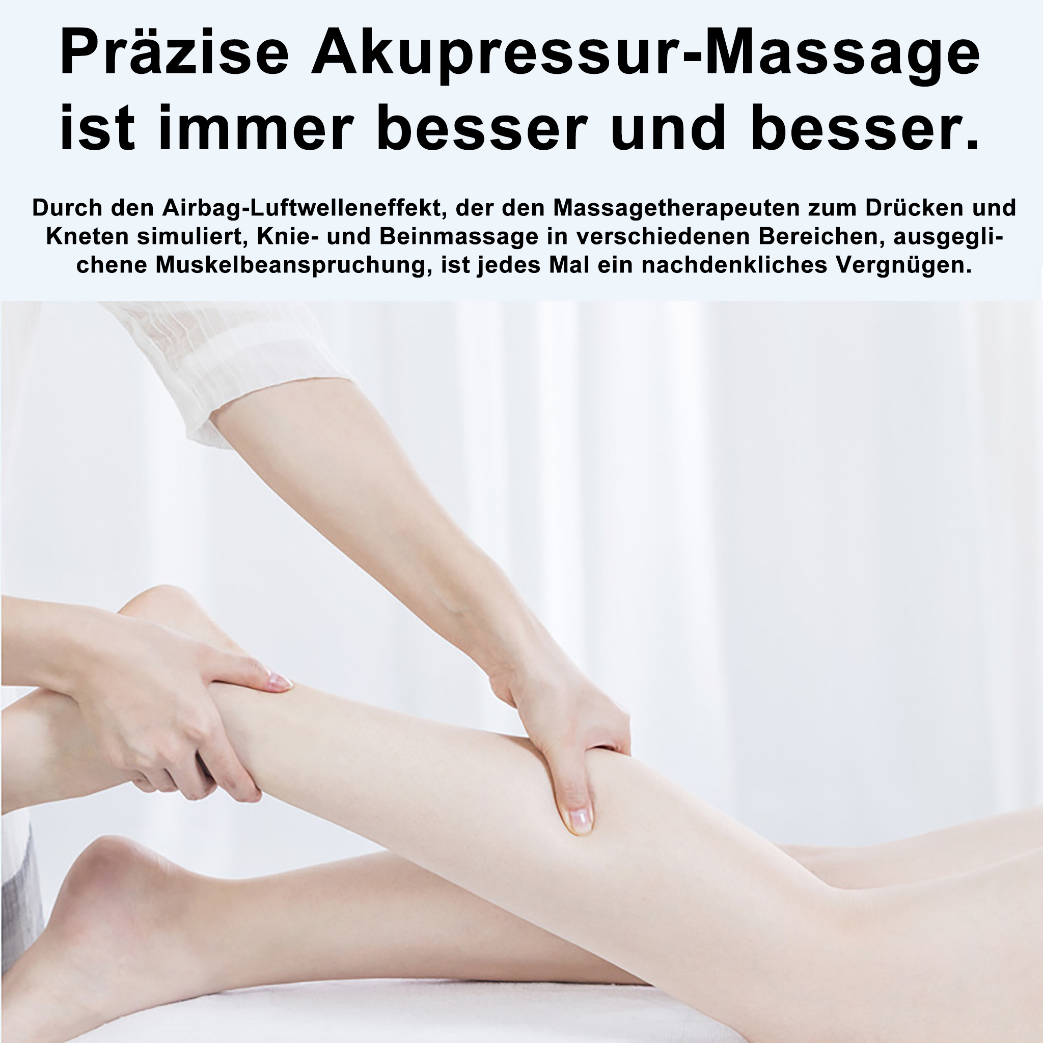 Eine Person massiert das Bein einer anderen Person. Das Bild zeigt Hände auf einem Bein, darüber Text auf Deutsch.