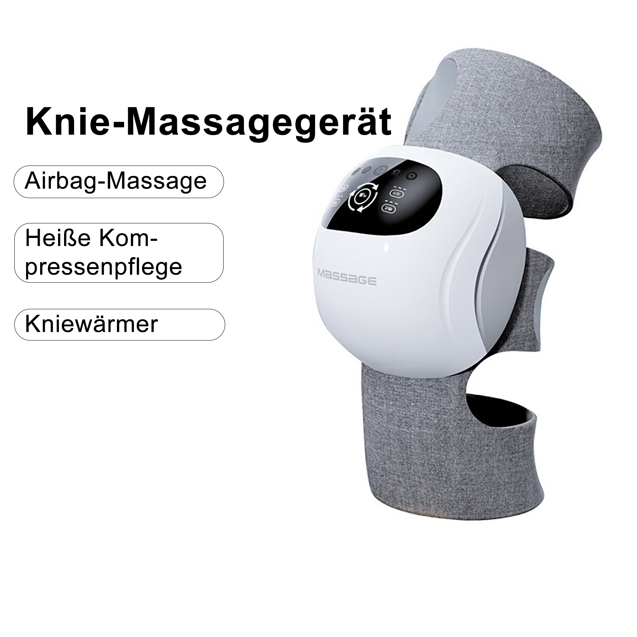 Knie-Massagegerät mit weißem Bedienfeld. Graues Gewebe umschließt, mit Text: Airbag-Massage, heiße Kompressen, Knie-Wärmer.