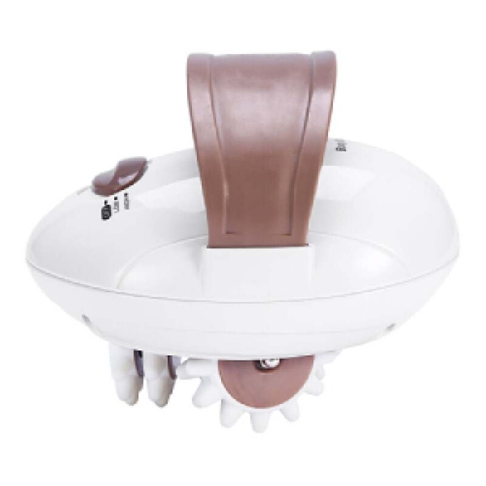 Ein weißes und braunes Fußmassagegerät. Es hat einen Griff und einen rotierenden Massagekopf. Knöpfe sind oben sichtbar.