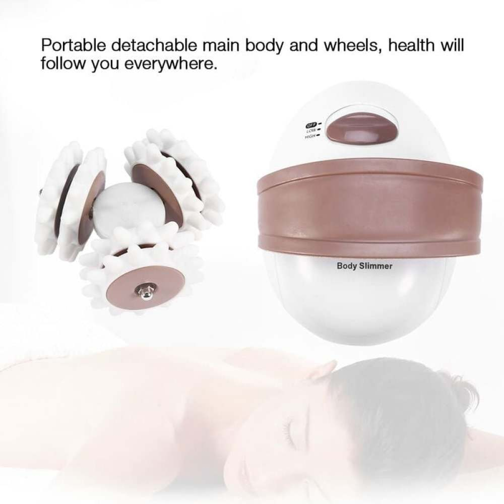 Das Bild zeigt einen weißen und braunen Body Slimmer und eine separate Radkomponente. Der Text lautet: 'Tragbarer, abnehmbarer Hauptkörper'.