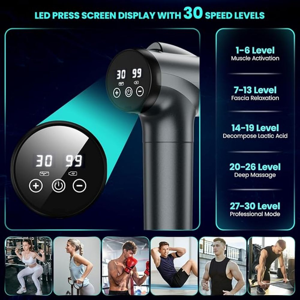 Das Bild zeigt eine Massagepistole mit Digitalanzeige. Es gibt auch Beispiele für Menschen beim Training und eine Anleitung für Geschwindigkeitsstufen.