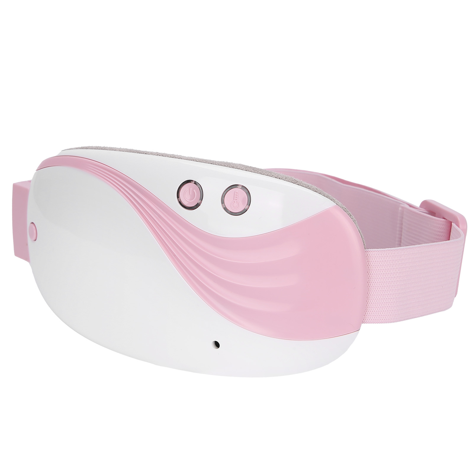 Ein weiß-rosa Augenmassagegerät mit Knöpfen und einem Riemen. Das Gerät hat ein geschwungenes Design und befindet sich auf weißem Hintergrund.