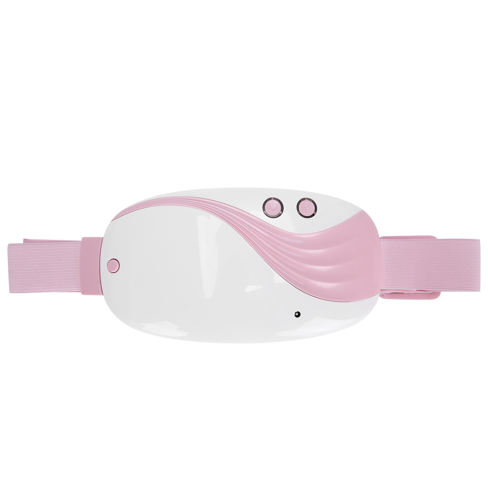 Ein weiß-rosa elektronisches Augenmassagegerät mit Knöpfen und verstellbaren Trägern, isoliert auf weißem Hintergrund.