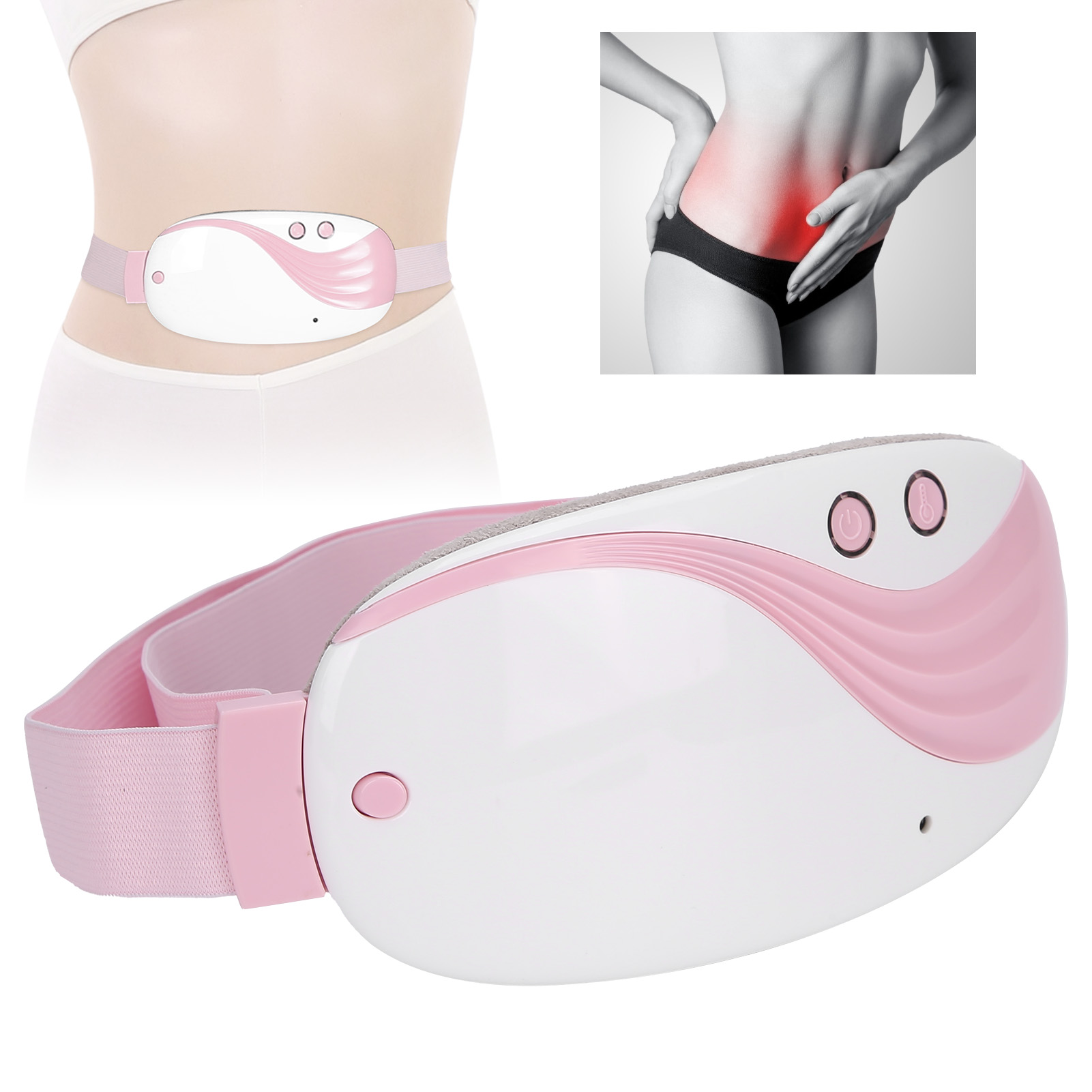 Ein weiß-rosa Massagegürtel. Er befindet sich an der Taille einer Person, ein anderes Bild zeigt Schmerzen. Zwei Knöpfe am Gerät.