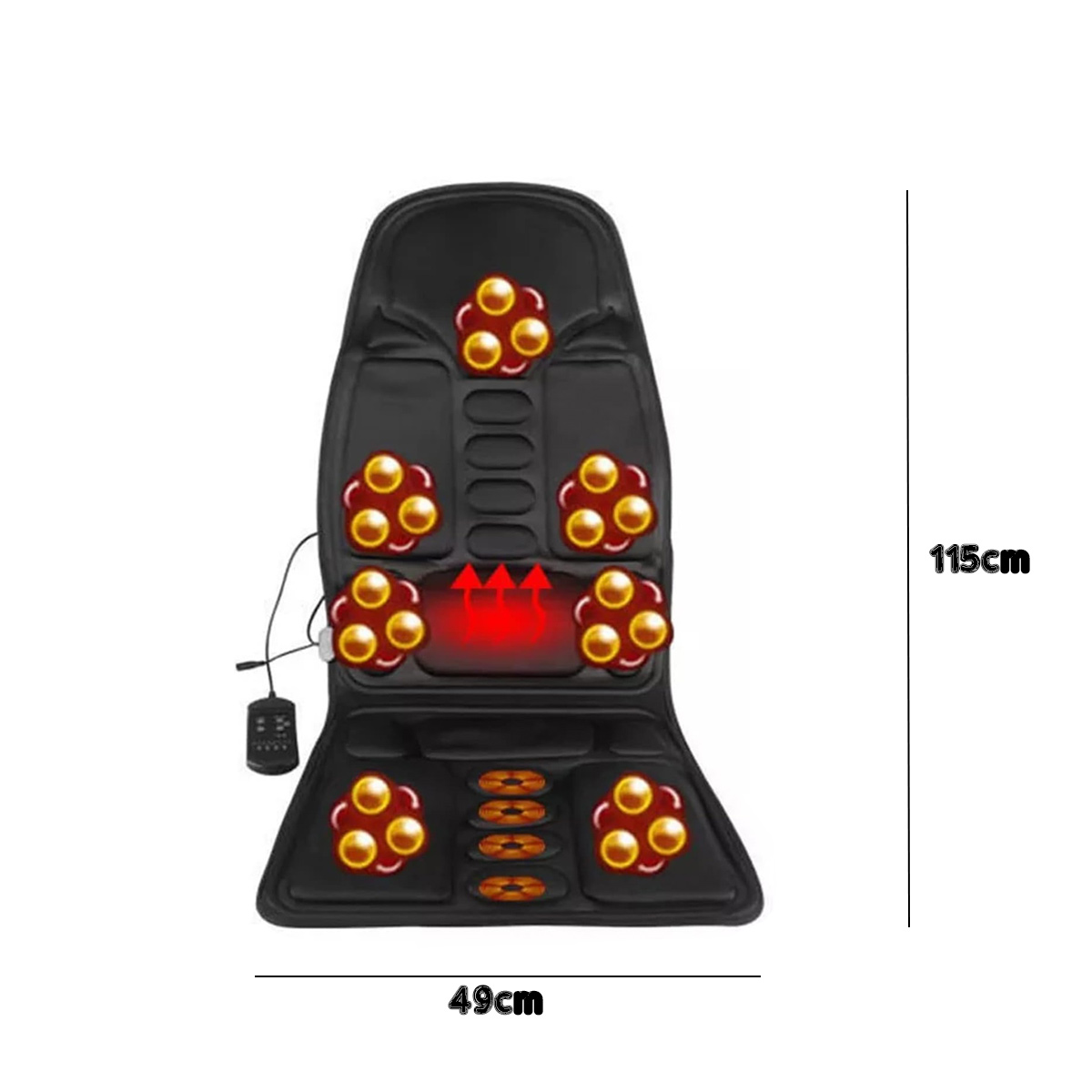 Schwarzer Massagesitz mit orangefarbenen Massageknoten. Abmessungen sind 115cm x 49cm. Er hat eine Steuereinheit und rote Heizpfeile.