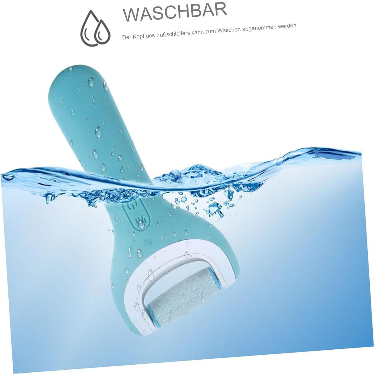Eine blaue Fußfeile ist teilweise in Wasser getaucht. Sie hat einen weißen Rand und eine graue Schleiffläche. Das Wort 'WASCHBAR' steht darüber.