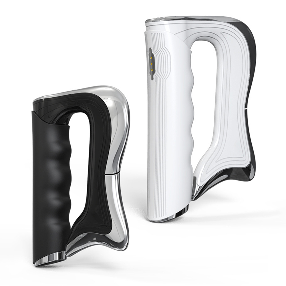 Zwei ergonomische Geräte mit Griffen. Eines ist weiß und silber, das andere schwarz und silber, beide auf weißem Hintergrund.