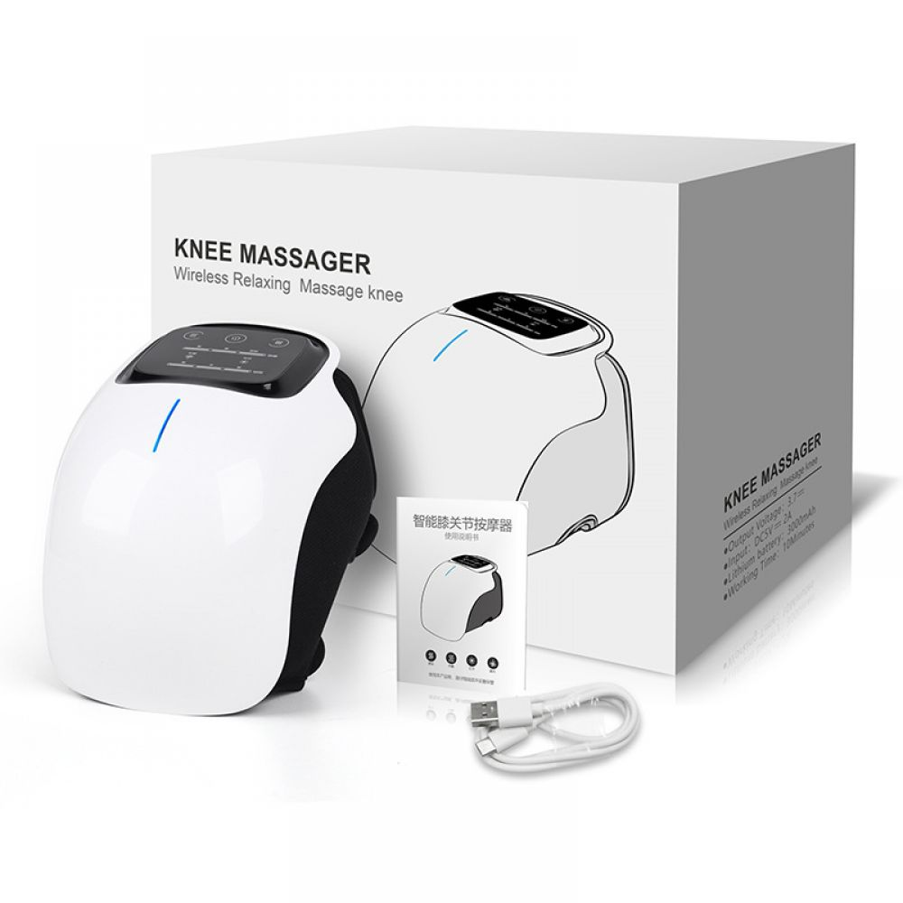 Ein weißes Kniemassagegerät mit einer Box, einem Handbuch und einem Ladekabel wird angezeigt. Auf der Box steht "KNEE MASSAGER".