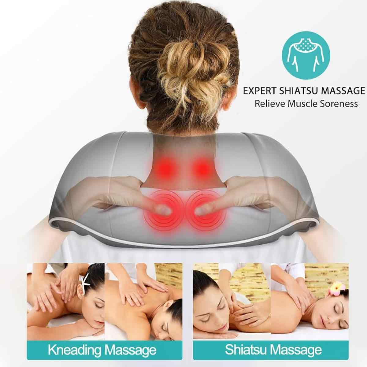 Frau mit Massagegerät am Hals. Knet- und Shiatsu-Massagebeispiele sind unten gezeigt.