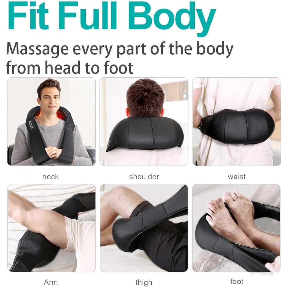 Das Bild zeigt ein schwarzes Massagegerät an Nacken, Schulter, Taille, Arm, Oberschenkel und Fuß. Text lautet 'Fit Full Body'.