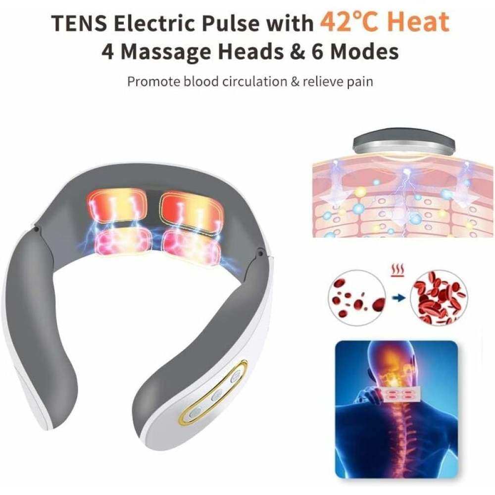 Ein Nackenmassagegerät mit 4 Massageköpfen und 6 Modi. Es hat 42°C Wärme und fördert die Durchblutung. Das Bild zeigt Diagramme seiner Verwendung.