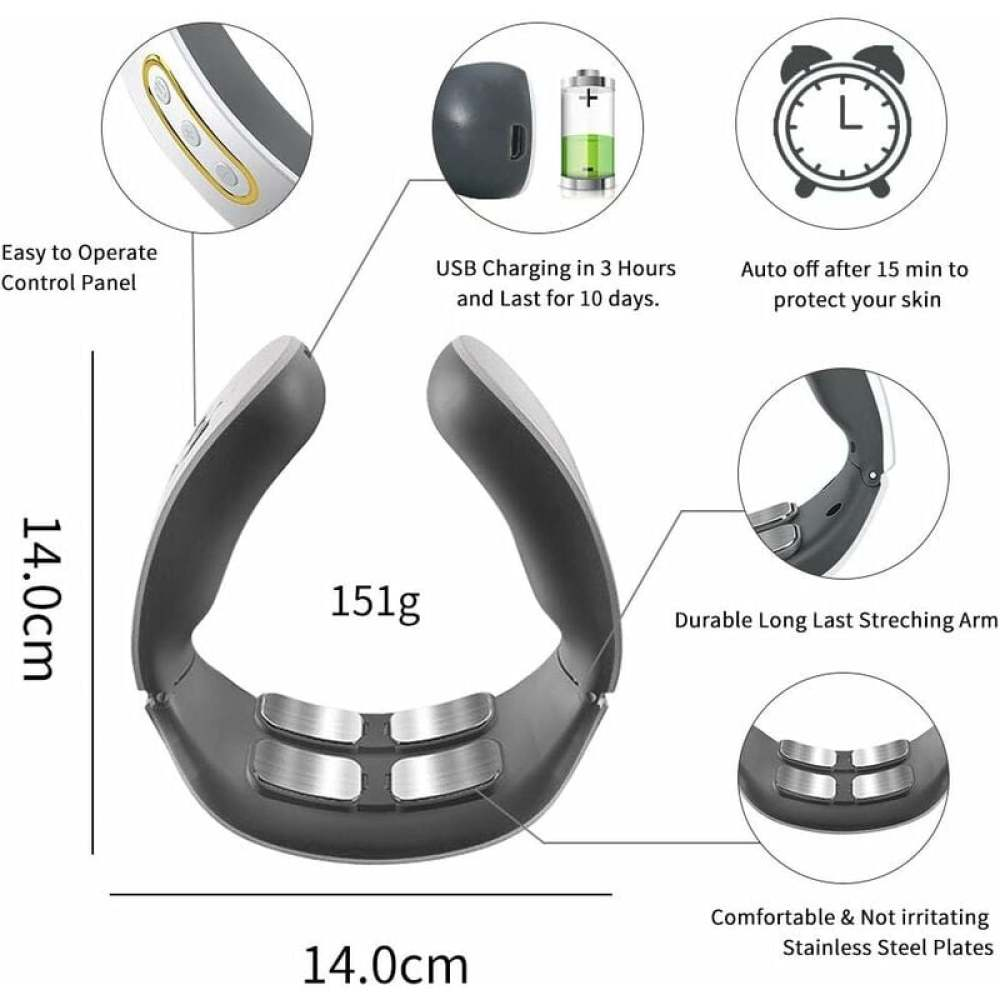 Nackenmassagegerät mit Bedienfeld, Akku- und Uhrensymbolen. Merkmale sind USB-Aufladung, Abschaltautomatik und Stahlplatten. Abmessungen sind 14,0 cm.