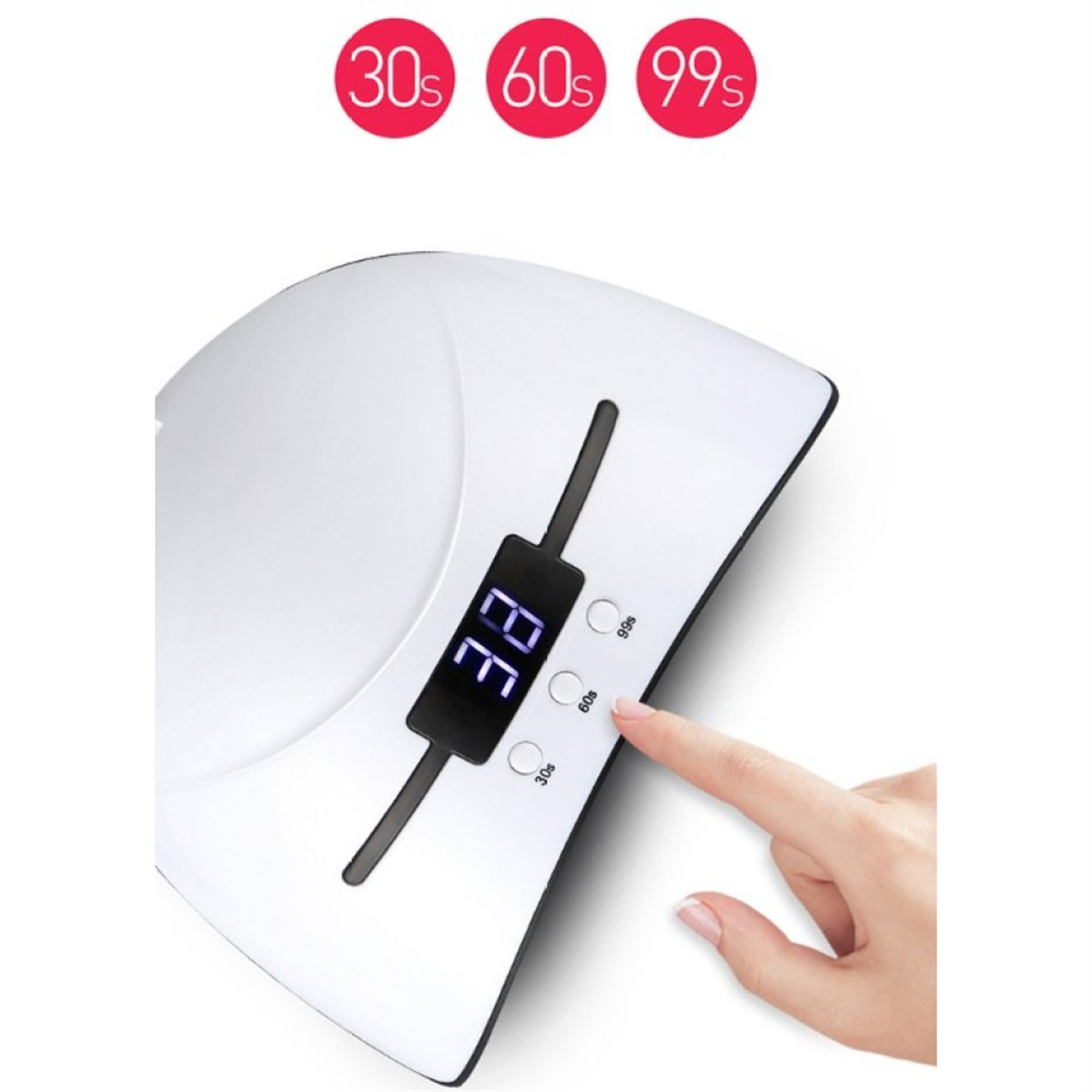 Eine weiße Nageltrocknungsmaschine mit Timertasten. Ein Finger drückt die 60-Sekunden-Taste. Oben sind 30s, 60s, 99s Optionen.