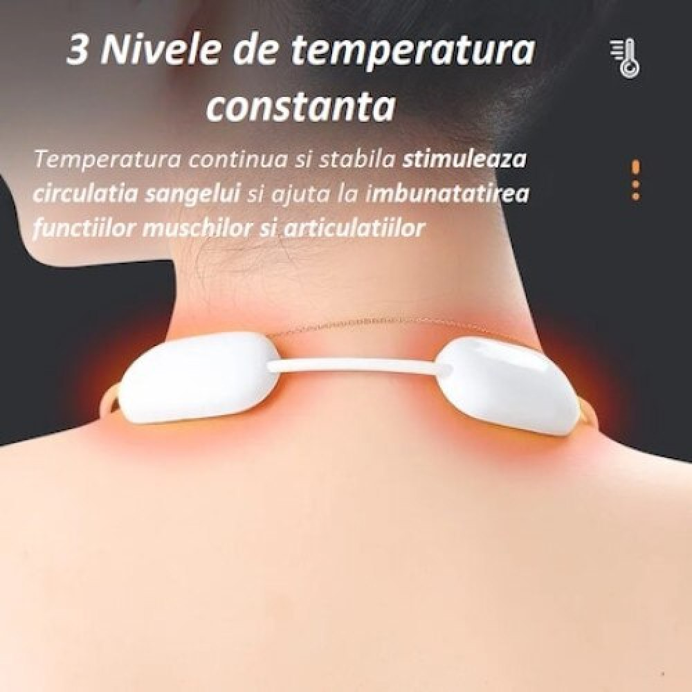 Eine Person trägt ein weißes Nackenmassagegerät. Der Text oben lautet: 3 konstante Temperaturstufen. Es soll die Durchblutung anregen.