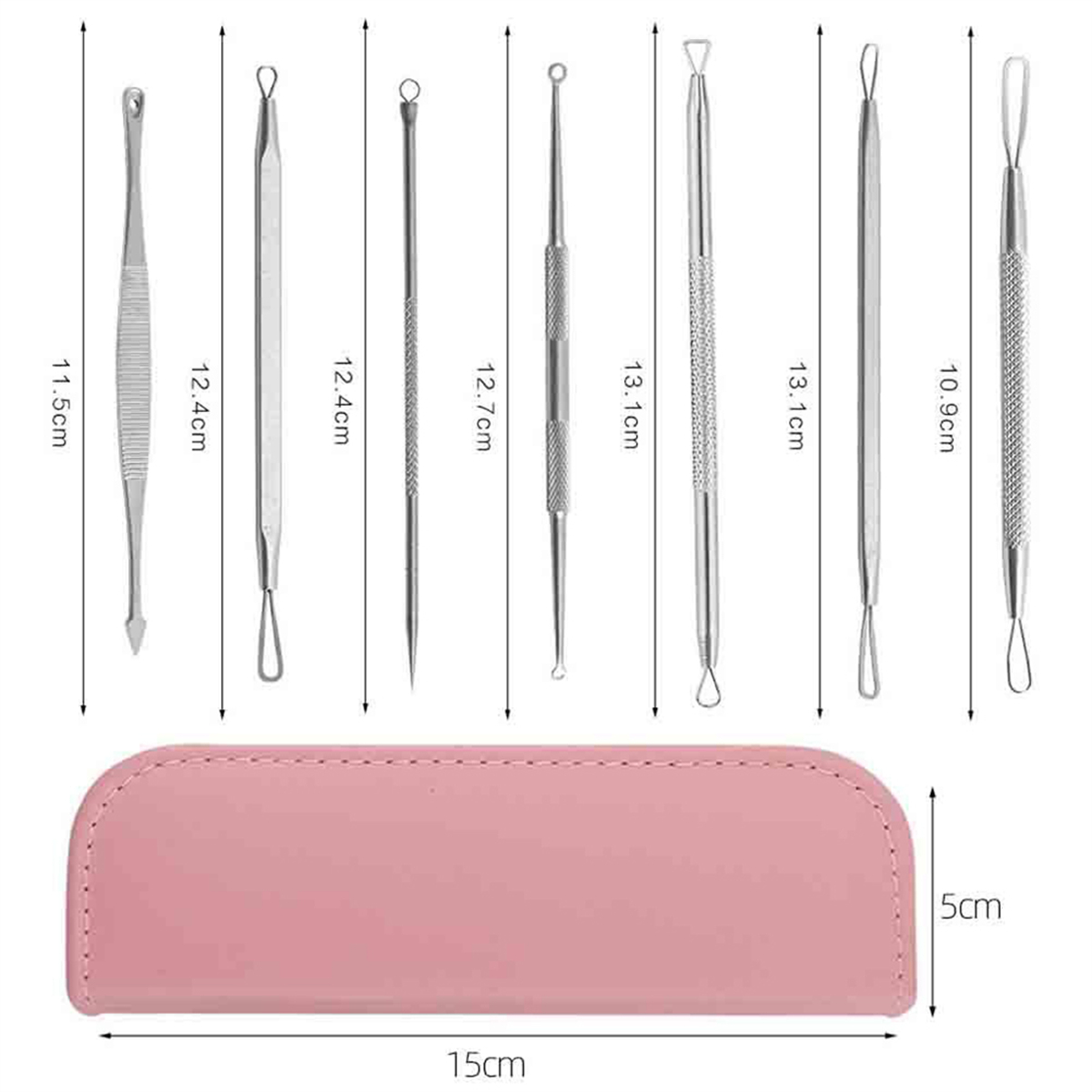 Ein Set silberner Hautpflegewerkzeuge mit verschiedenen Spitzen, angeordnet über einem rosa Etui. Maße sind in Zentimetern angegeben.