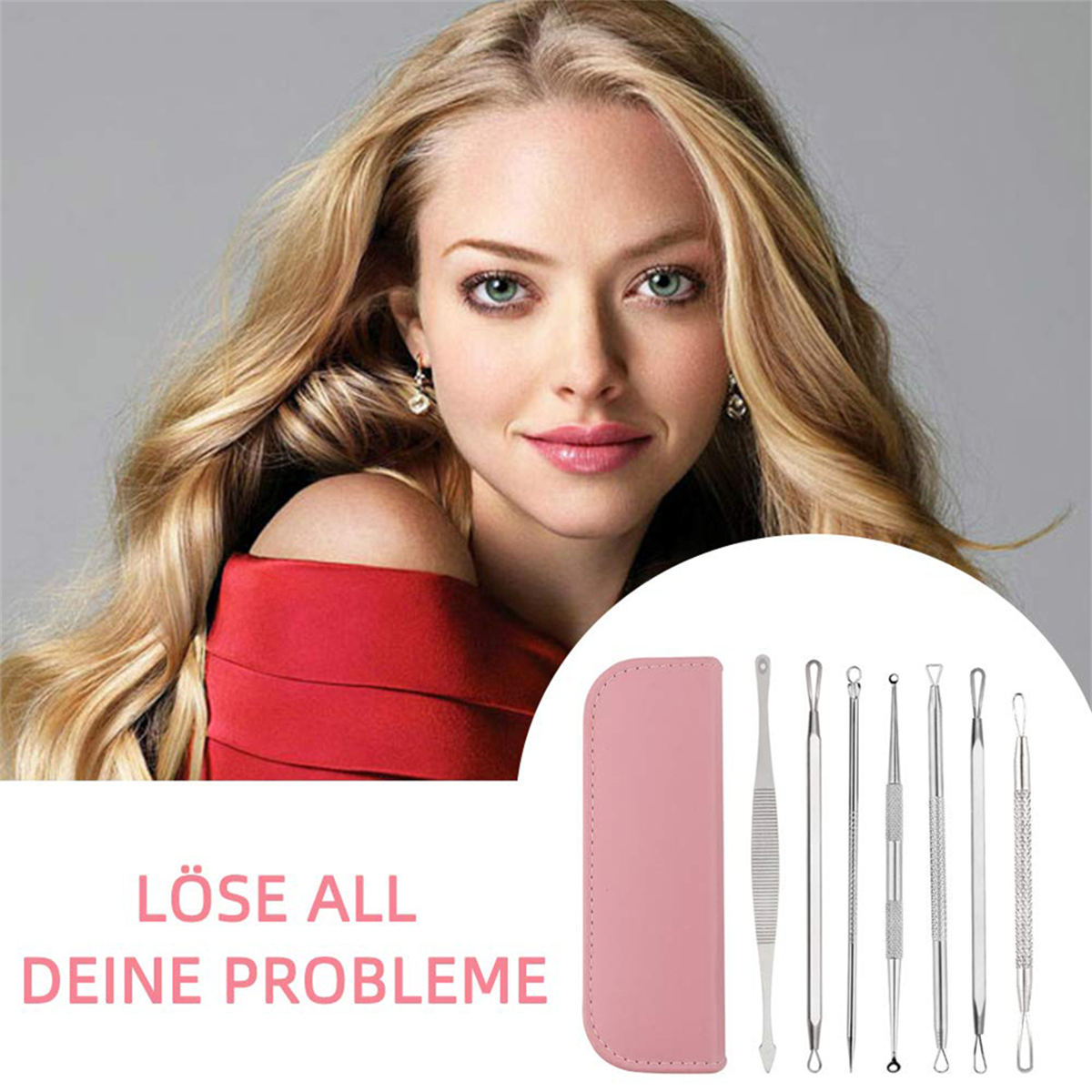 Frau mit blonden Haaren und rotem Kleid. Hautpflege-Tools rechts, Text: "Löse all deine Probleme".
