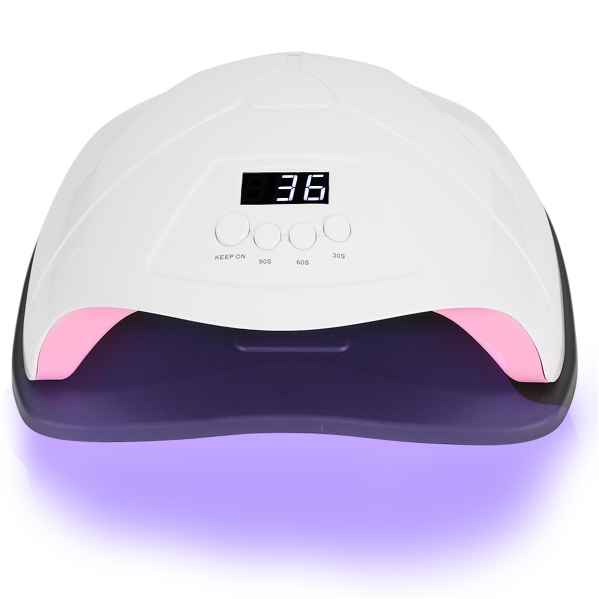 Eine weiße Nagellampe mit Digitalanzeige '36'. Sie hat rosa Akzente und emittiert violettes Licht.
