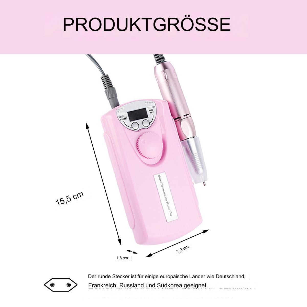 Ein rosa Nagelbohrer mit Maßen. Text lautet 'PRODUKTGRÖSSE'. Zeigt Größen, 15,5 cm, 7,3 cm und 1,8 cm. Ein Stecker wird ebenfalls gezeigt.