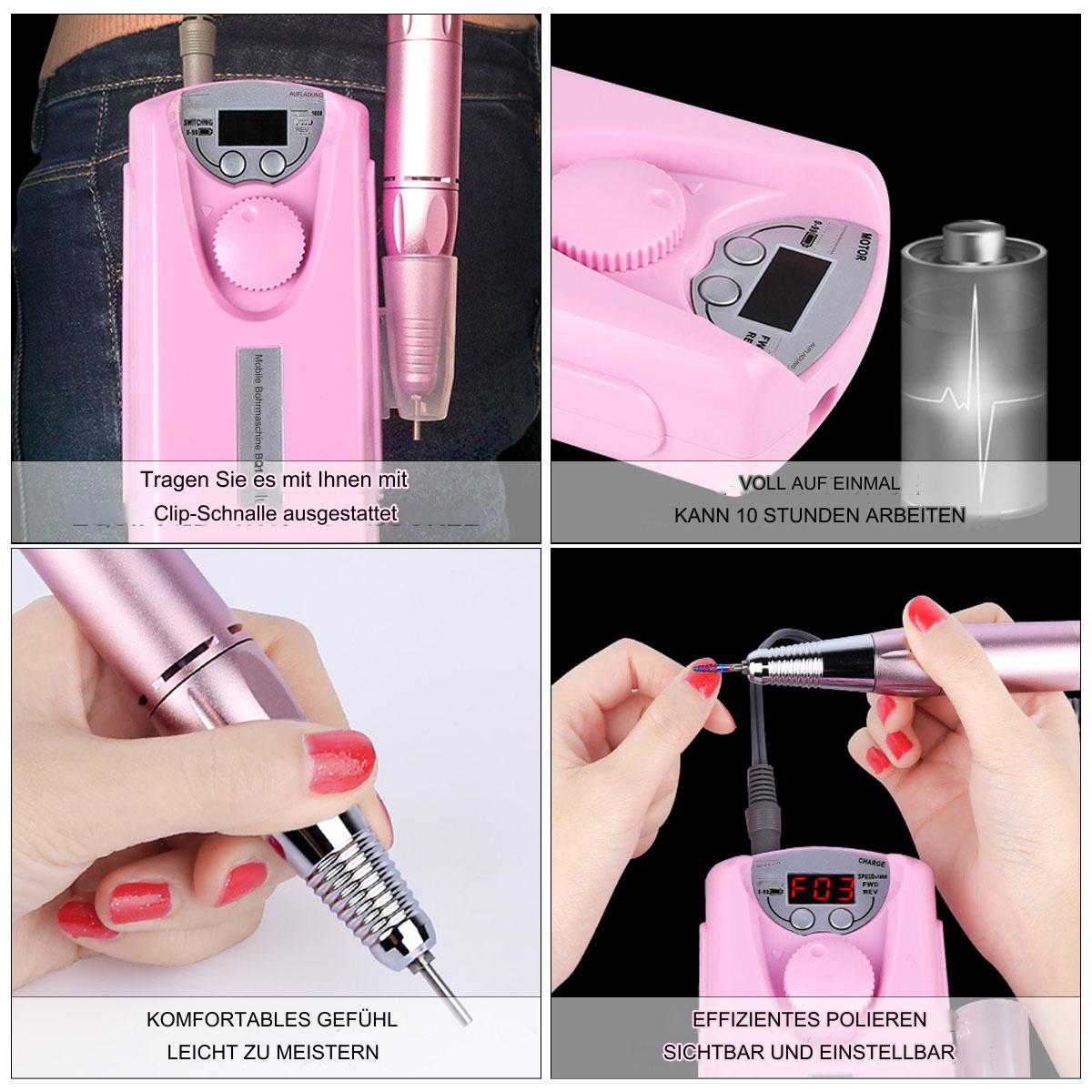 Gezeigt wird ein pinkfarbener Nagelbohrer mit Zubehör. Nahaufnahmen zeigen den Bohrer, seine Komponenten und Hände, die ihn benutzen.