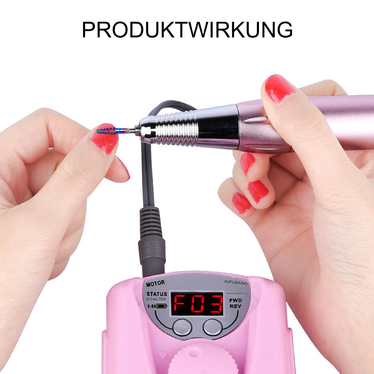 Eine Person benutzt einen rosa Nageltrainer. Der Bohrer ist in der Nähe des Nagels. Das Gerät zeigt ein digitales Display.