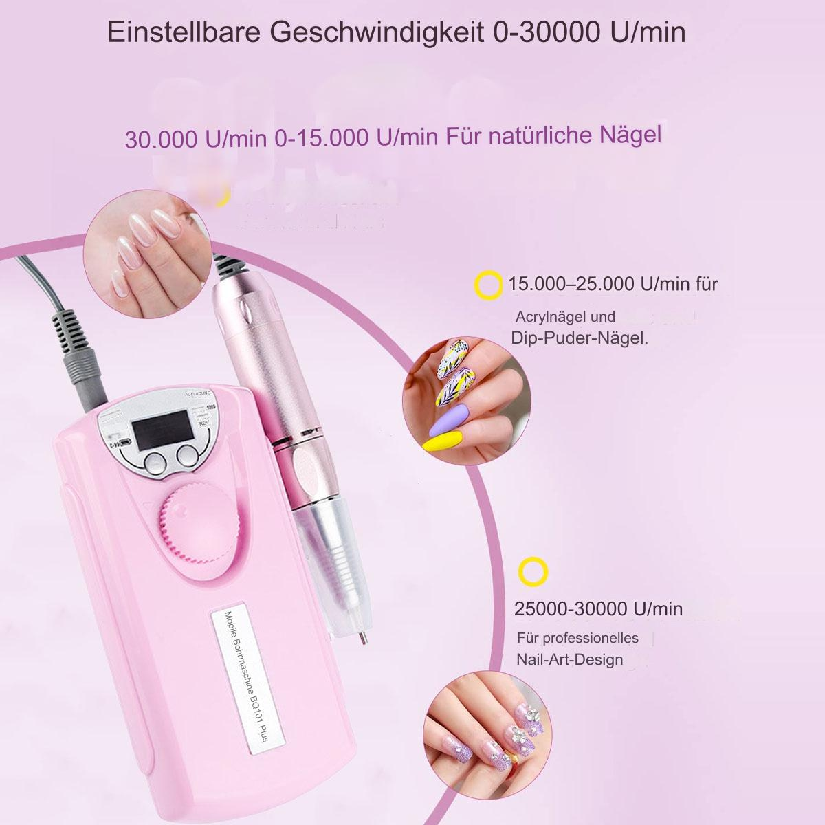 Ein pinkfarbener Nagelbohrer mit Geschwindigkeitseinstellungen und Handbeispielen, die Nageltypen zeigen, einschließlich natürlicher und Acrylnägel.
