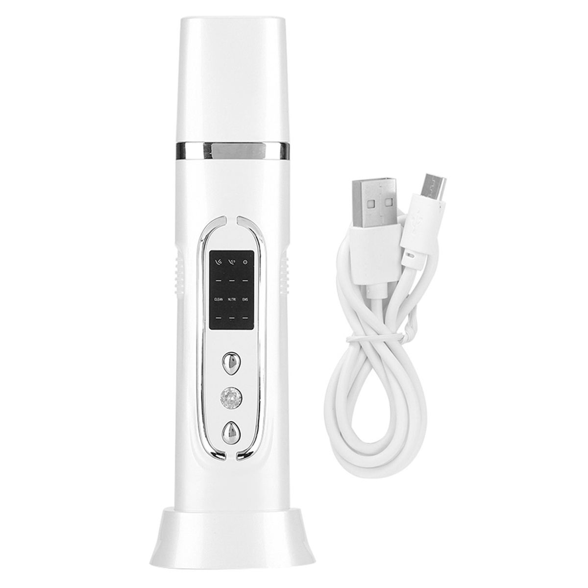Ein weißes Gesichtsreinigungsgerät mit USB-Kabel auf weißem Hintergrund.