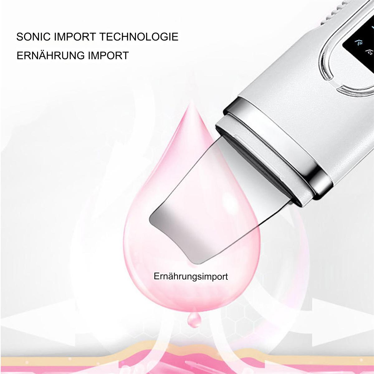 Ein weißes Hautpflegegerät mit Metallkante über einem rosa Tropfen. Text: 'Sonic Import Technologie' und 'Ern ährung Import'.