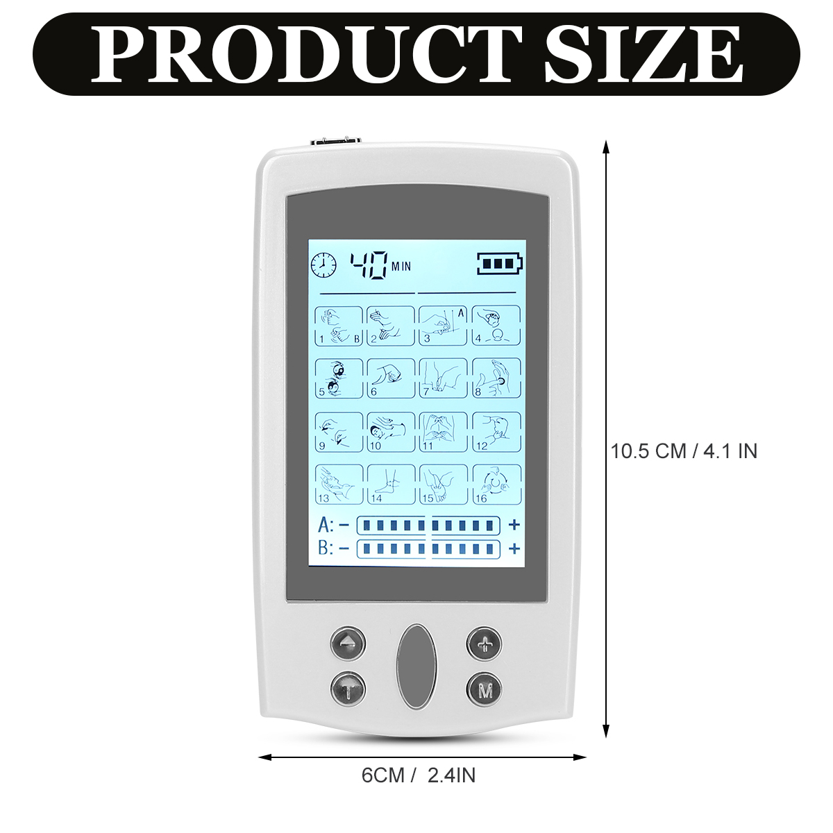 Weißes medizinisches Gerät mit Bildschirm, der Symbole und Einstellungen zeigt. Produktgröße ist 10,5 cm/4,1 Zoll x 6 cm/2,4 Zoll.