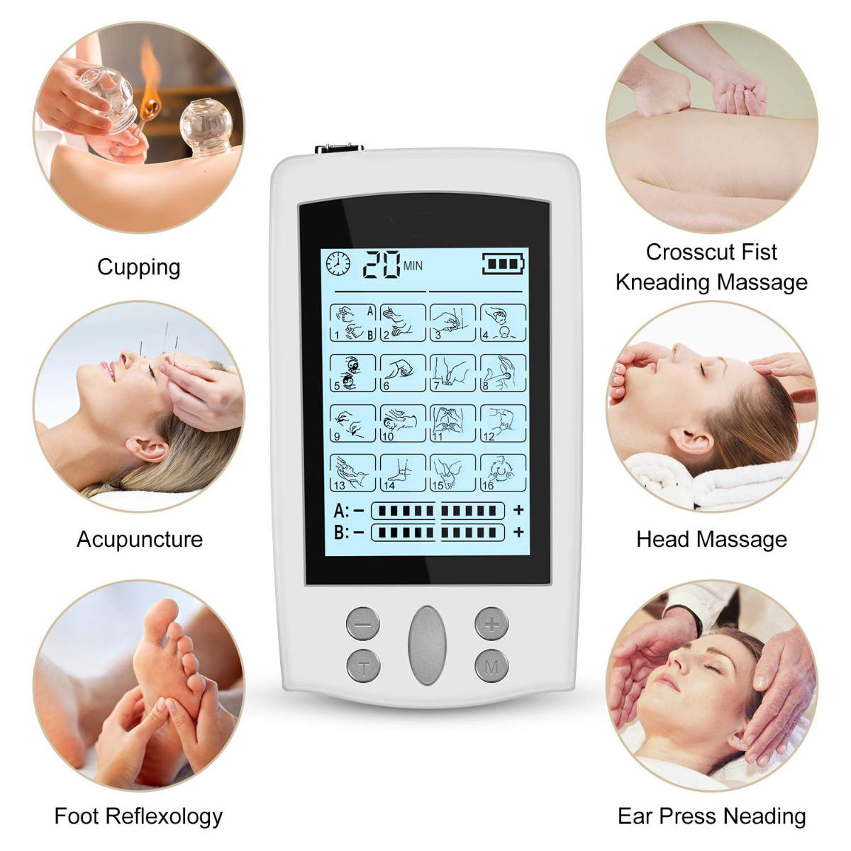 Das Bild zeigt Schröpfen, Akupunktur, Fußreflexzonenmassage, Crosscut-Massage, Kopfmassage, Ohrendruck und ein elektronisches Therapiegerät.