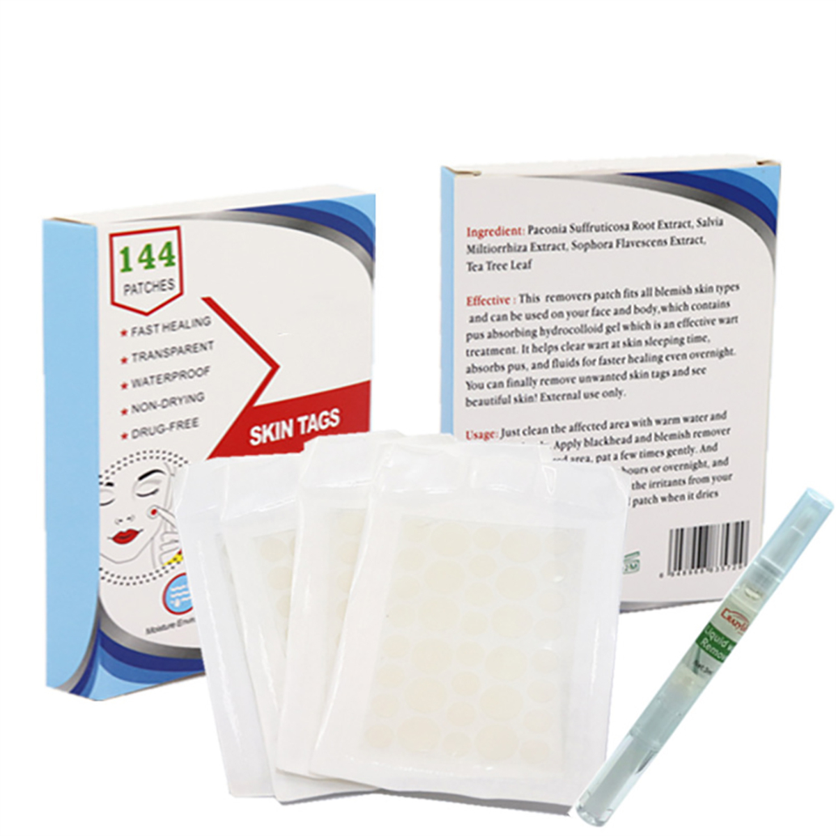 Produktverpackung mit Hautetiketten-Pflastern, einem Stift und Text über die Vorteile und Inhaltsstoffe des Produkts.