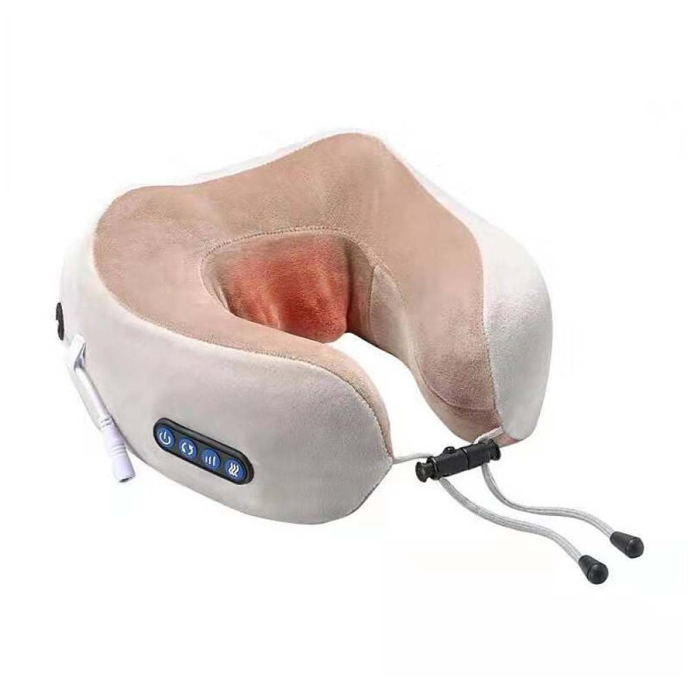 Ein beige-weißes U-förmiges Nackenmassagekissen mit Bedientasten und einem Netzkabel. Es hat verstellbare Kordeln und einen schwarzen Stecker.