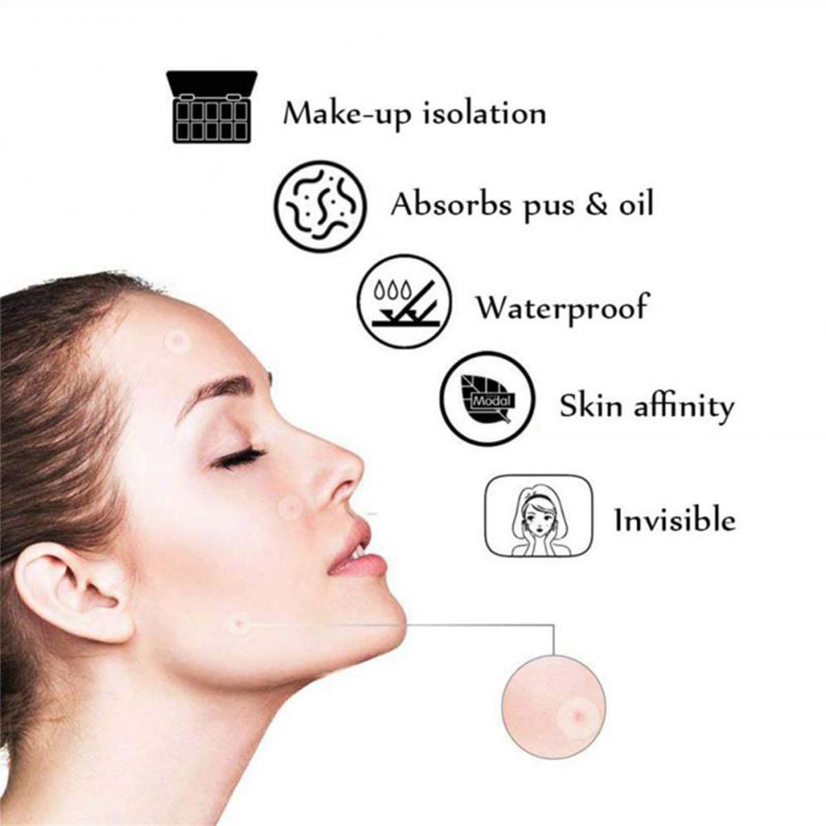 Profil einer Frau mit Pickel-Patches. Symbole zeigen Make-up-Isolation, absorbiert Eiter & Öl, wasserdicht, Hautaffinität und unsichtbar.